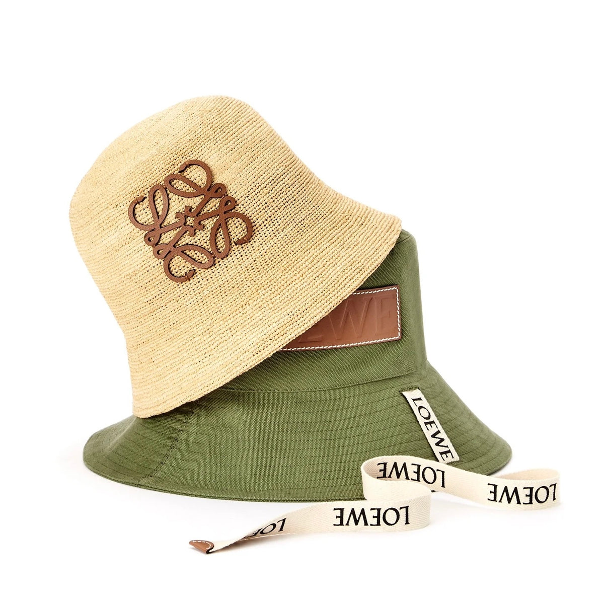 Loewe Women's Khaki Raffia And Cowhide Bucket Hat Flat Cap Large Brim Hat #75956