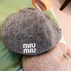 MiuMiu Women's Solid Color V-Pattern Wool Fabric Beret Cap Hat #74532