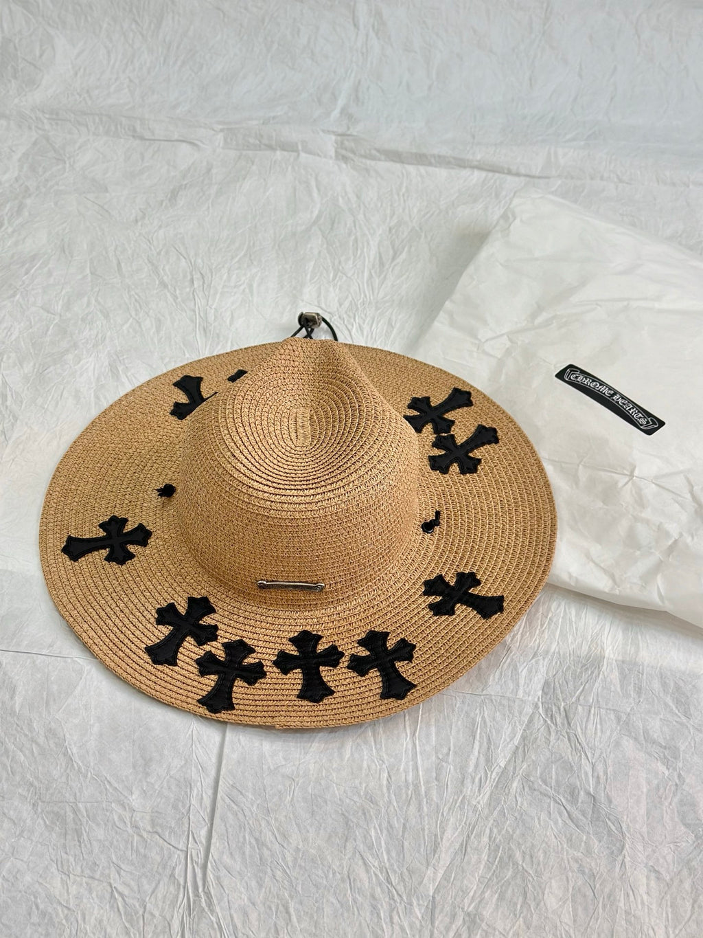 Chrome Hearts Men's And Women's Plain Colored Straw Hat With Cross Leather Logo Cap #77796