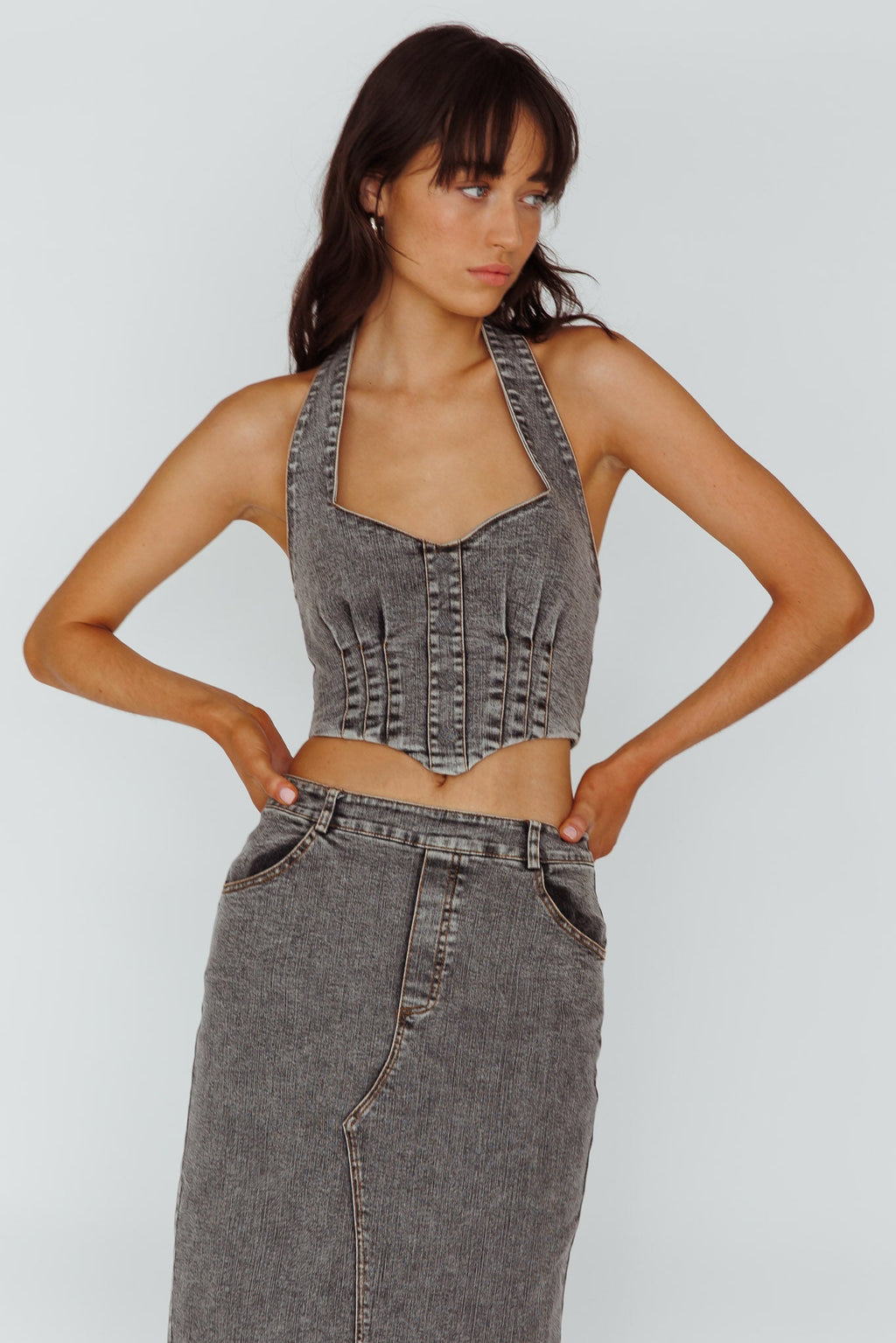 Zurich Halter Crop Top Denim Grey