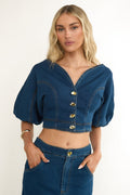Kaelis Bubble Sleeve Button Top Denim