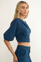 Kaelis Bubble Sleeve Button Top Denim