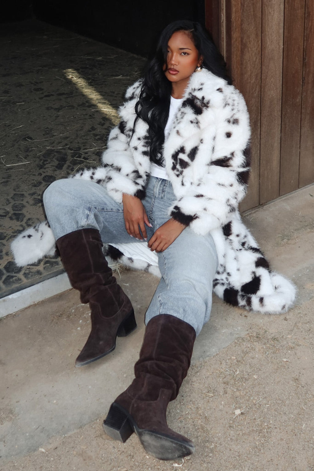 Morganne Faux Fur Waist Tie Coat Animal Print White/Brown