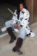 Morganne Faux Fur Waist Tie Coat Animal Print White/Brown