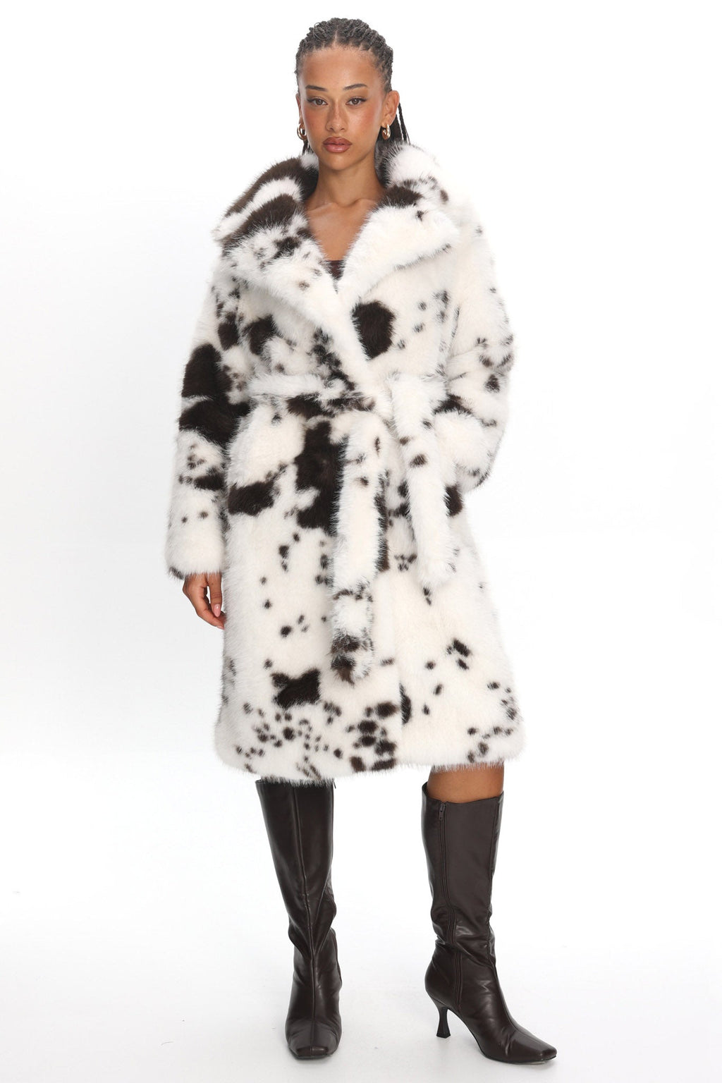 Morganne Faux Fur Waist Tie Coat Animal Print White/Brown
