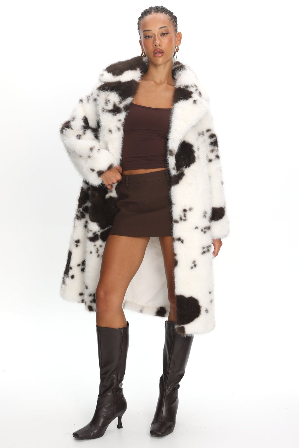Morganne Faux Fur Waist Tie Coat Animal Print White/Brown