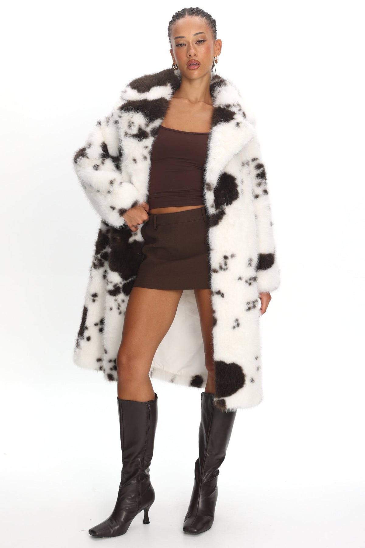 Morganne Faux Fur Waist Tie Coat Animal Print White/Brown