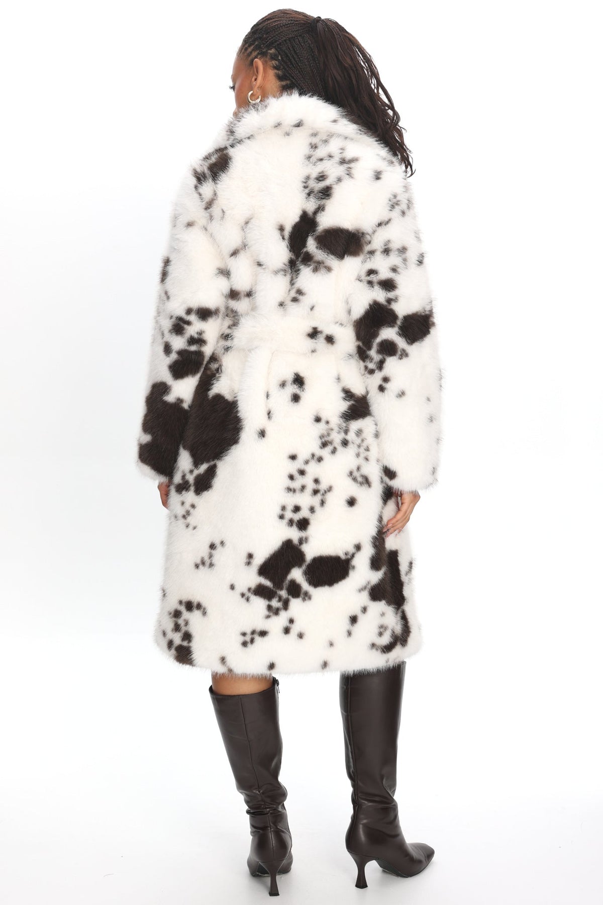 Morganne Faux Fur Waist Tie Coat Animal Print White/Brown