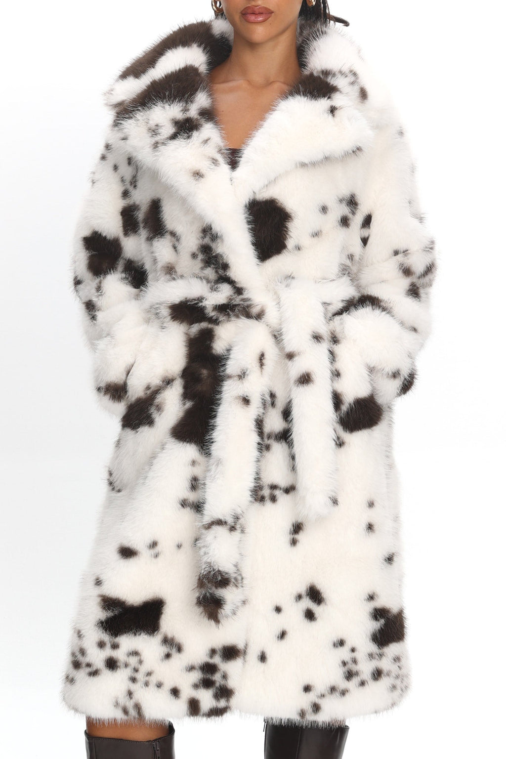 Morganne Faux Fur Waist Tie Coat Animal Print White/Brown