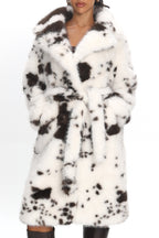 Morganne Faux Fur Waist Tie Coat Animal Print White/Brown