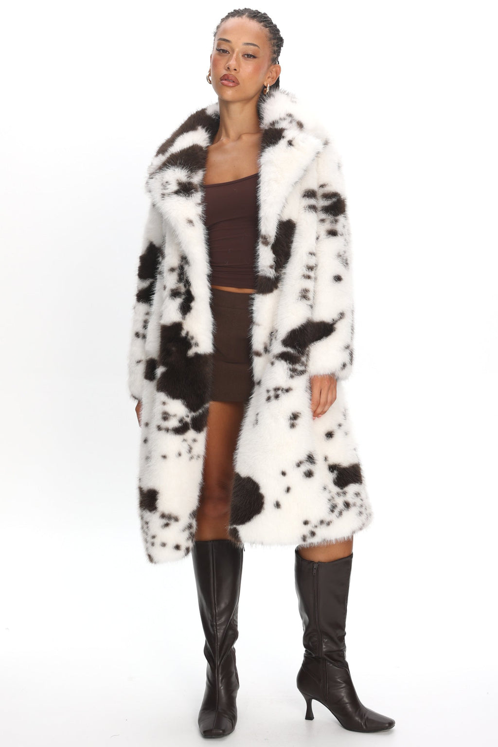 Morganne Faux Fur Waist Tie Coat Animal Print White/Brown