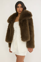 Harlequinn Oversized Lapel Faux Fur Jacket Coffee