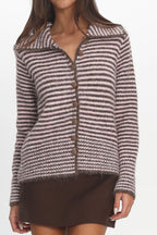 Gavrielle Collared Knit Cardigan Stripe Chocolate