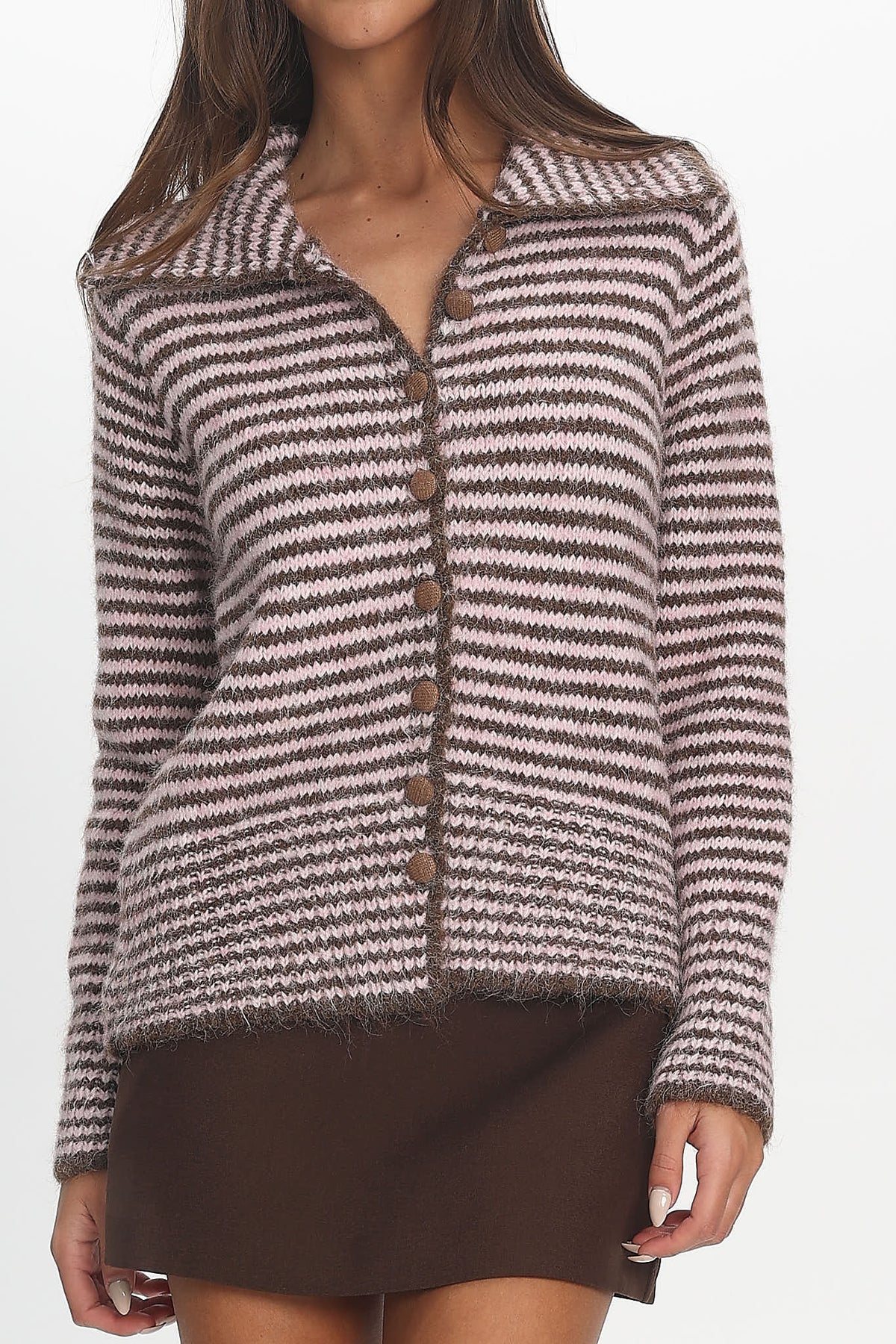 Gavrielle Collared Knit Cardigan Stripe Chocolate