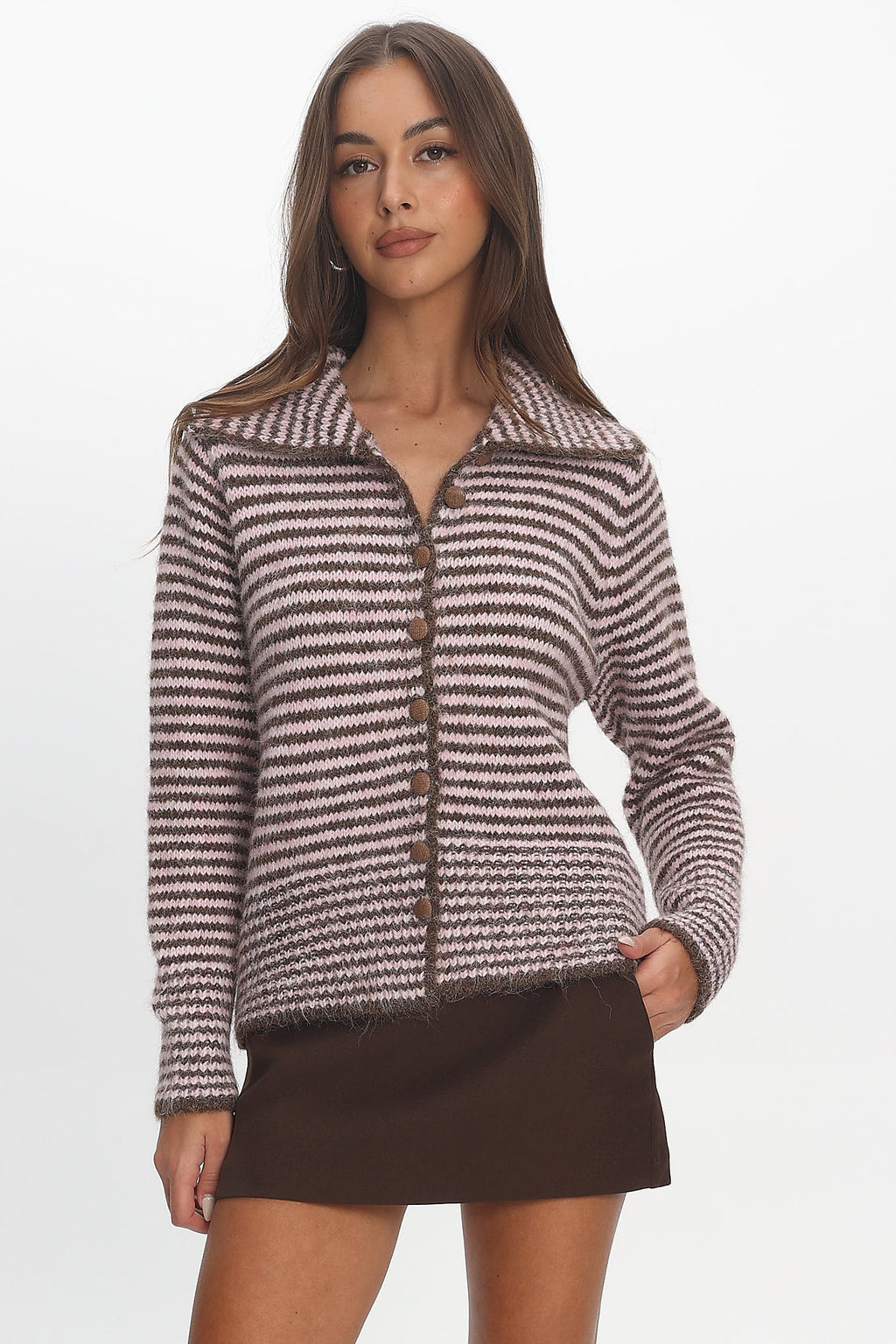 Gavrielle Collared Knit Cardigan Stripe Chocolate