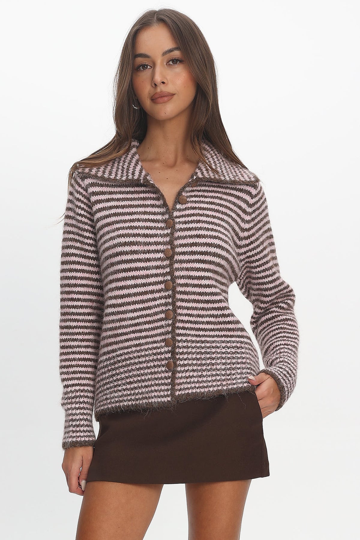 Gavrielle Collared Knit Cardigan Stripe Chocolate