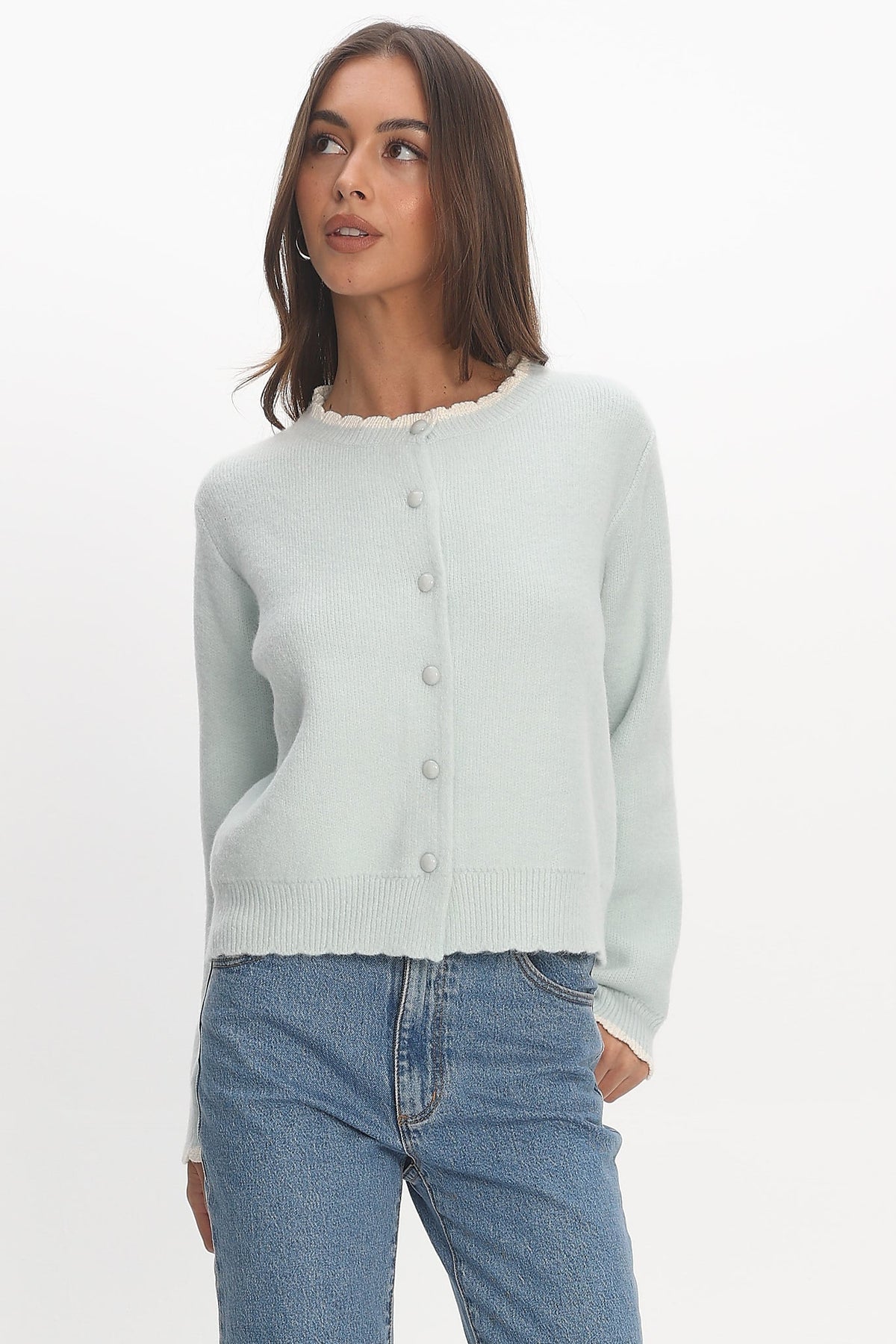 Aurore Scalloped Edge Knit Cardigan Baby Blue