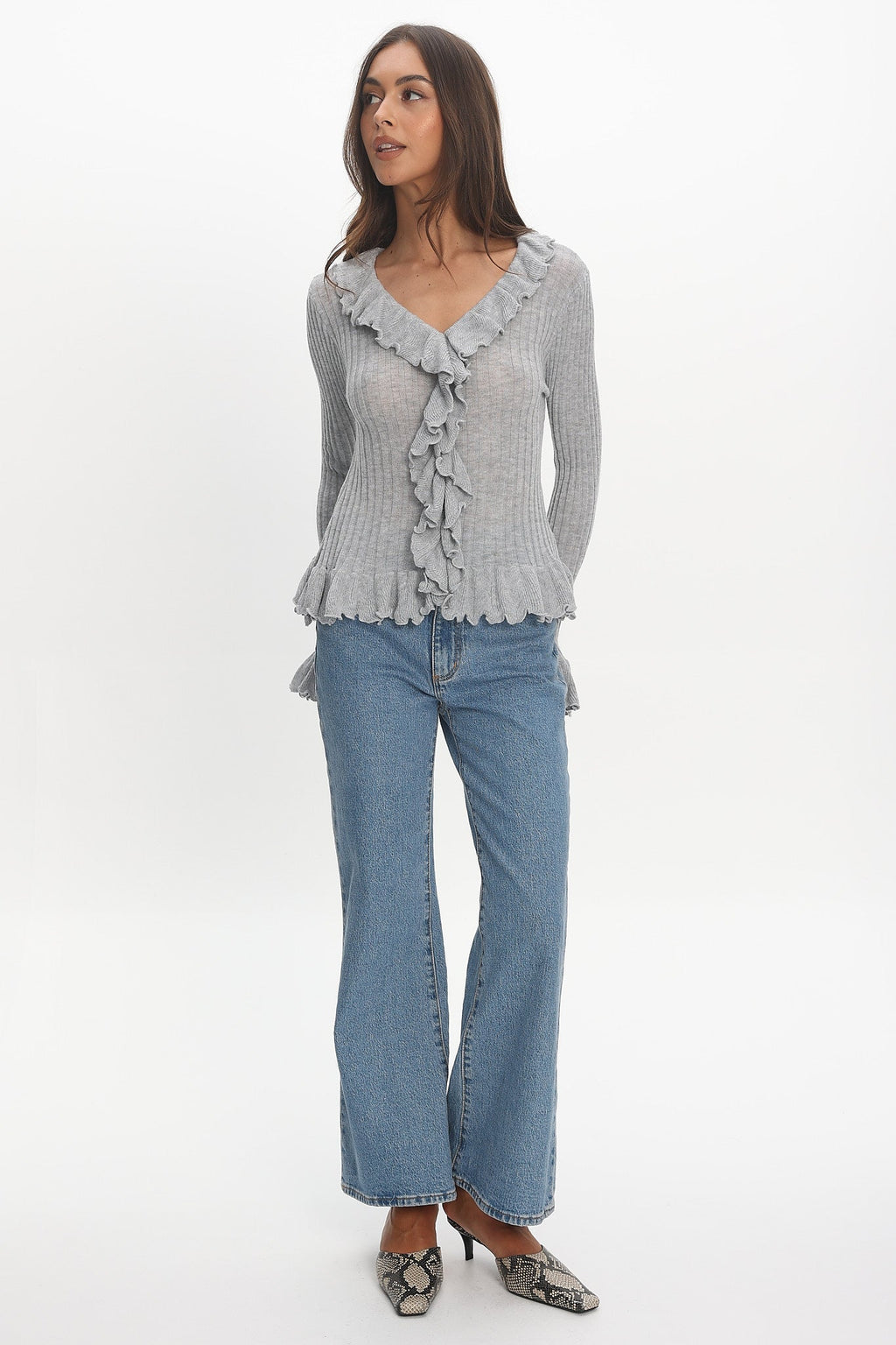 Jaimy Ruffle Trim Knit Cardigan Grey
