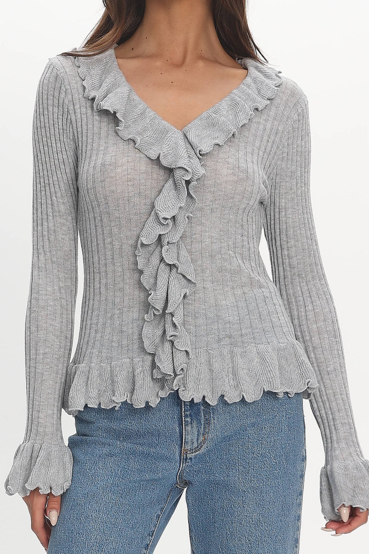 Jaimy Ruffle Trim Knit Cardigan Grey