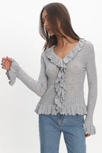 Jaimy Ruffle Trim Knit Cardigan Grey