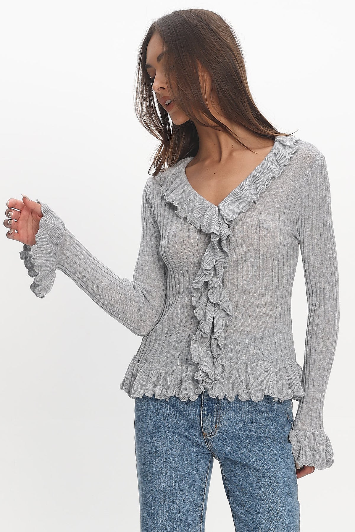Jaimy Ruffle Trim Knit Cardigan Grey