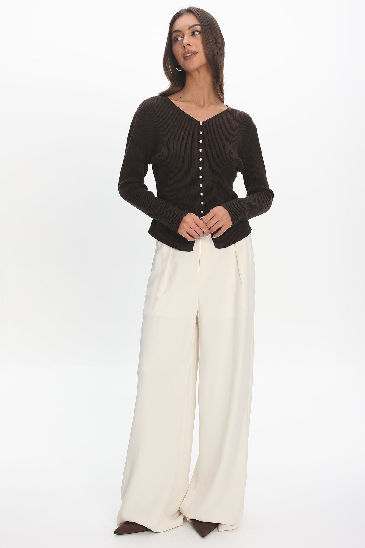 Louiz Button Front Ribbed Knit Cardigan Chocolate