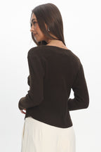 Louiz Button Front Ribbed Knit Cardigan Chocolate