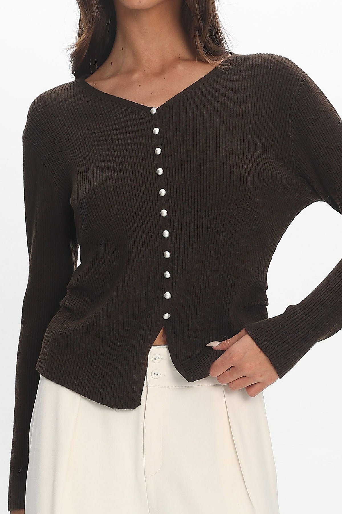 Louiz Button Front Ribbed Knit Cardigan Chocolate
