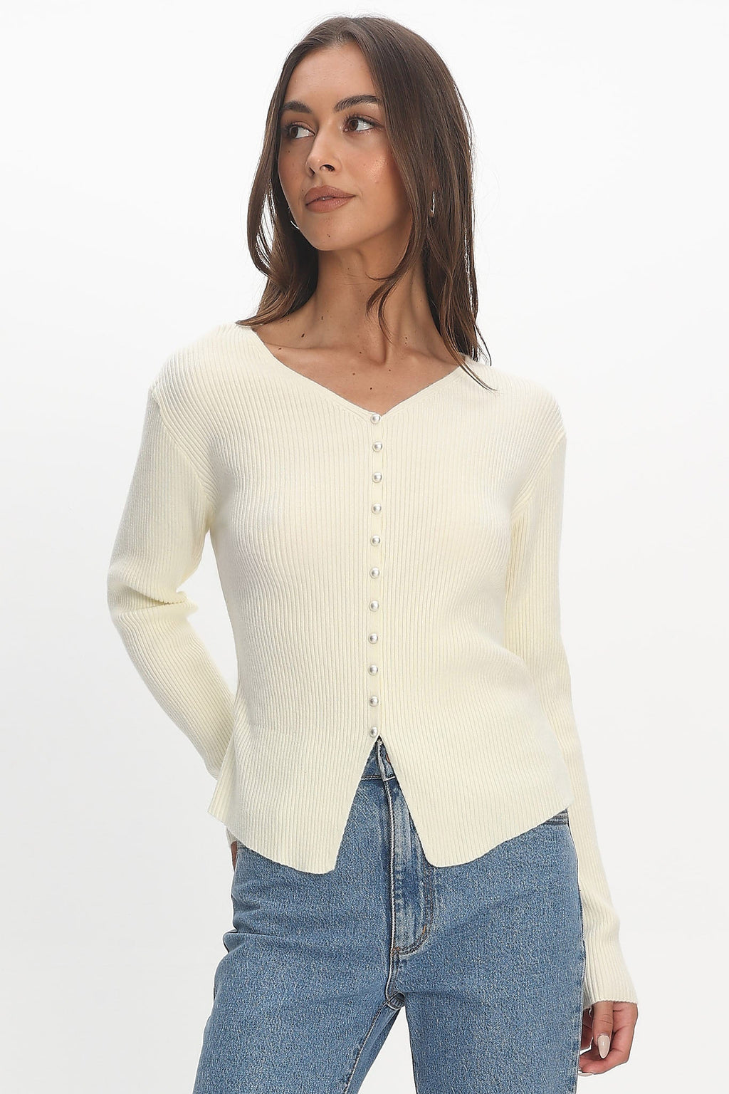 Louiz Button Front Ribbed Knit Cardigan Cream