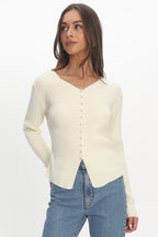 Louiz Button Front Ribbed Knit Cardigan Cream
