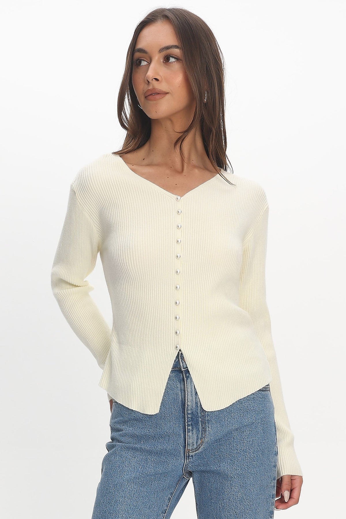 Louiz Button Front Ribbed Knit Cardigan Cream
