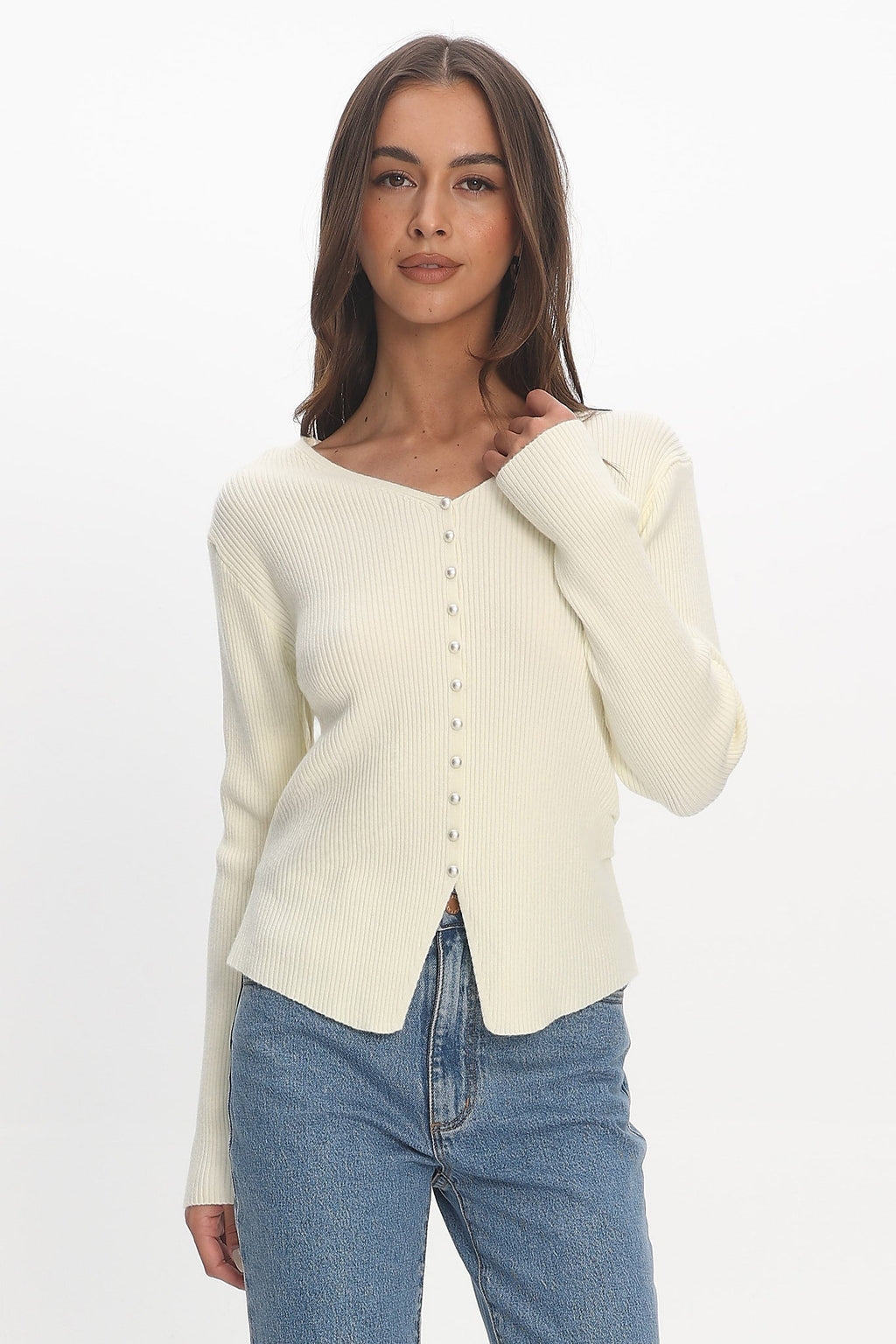 Louiz Button Front Ribbed Knit Cardigan Cream