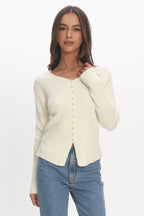 Louiz Button Front Ribbed Knit Cardigan Cream