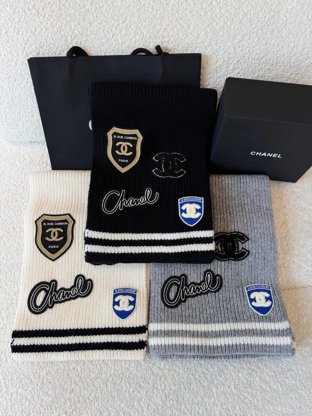 Chanel Women's Fall And Winter Black And White Gray Temperament Warm Winter Accessories Scarf Hat Gloves Fashion Trend Set #81628
