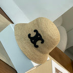 Celine Men's and Women's Embroidered Logo Pattern Khaki Raffia Woven Fisherman's Hat Cap #76174