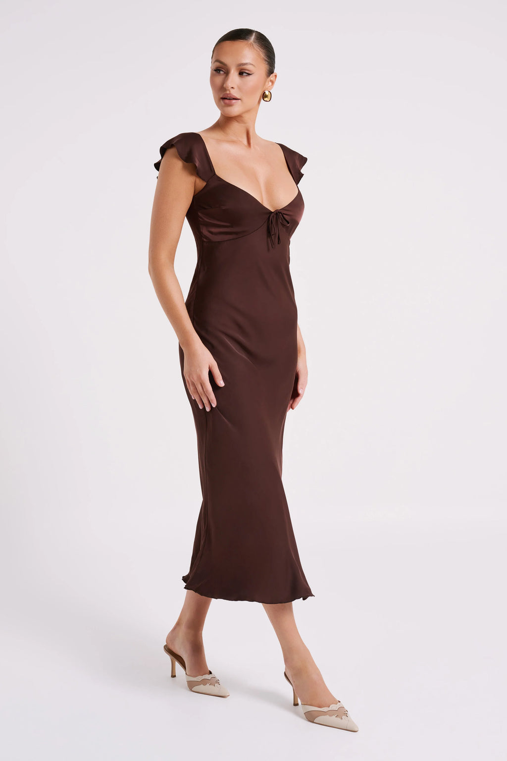 MESHKI Chantal Short Sleeve Satin Midi Dress - Dark Chocolate