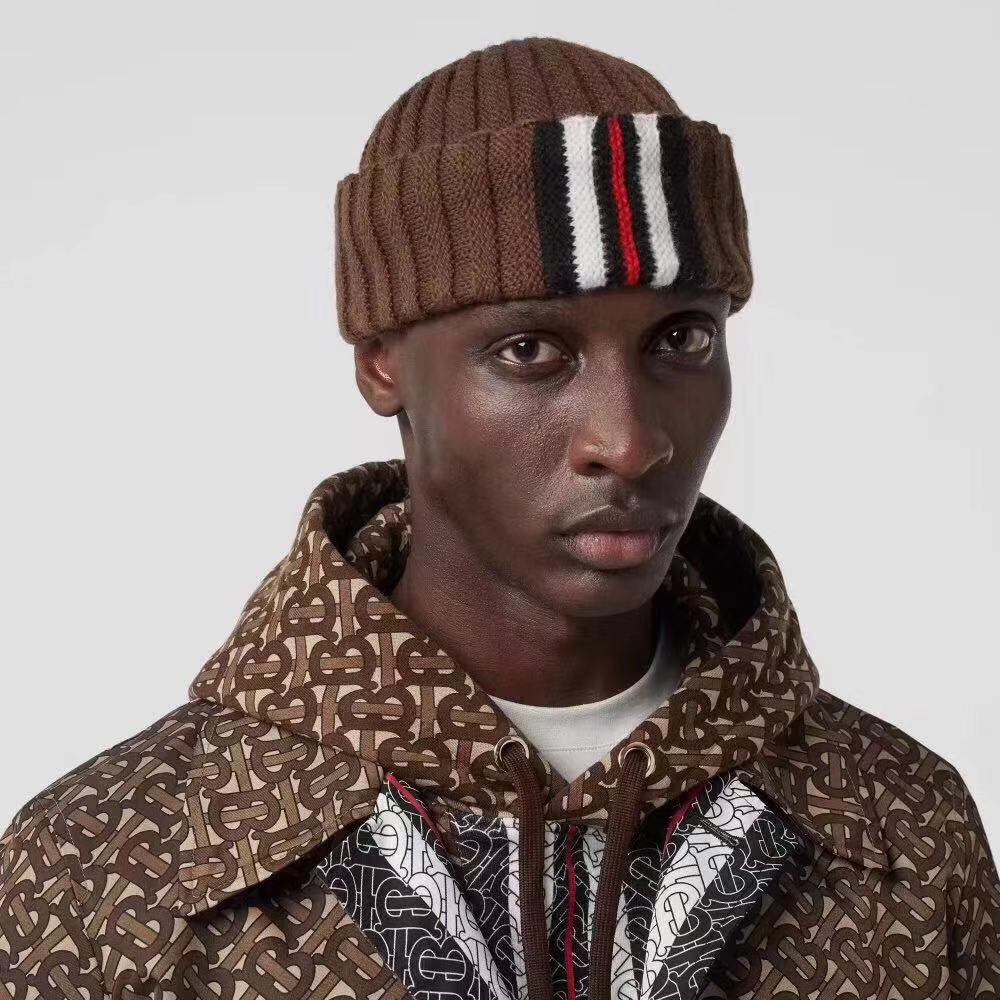 Burberry Men's and Women's Brown and Black Contrast Wool Knitted Hat #333385