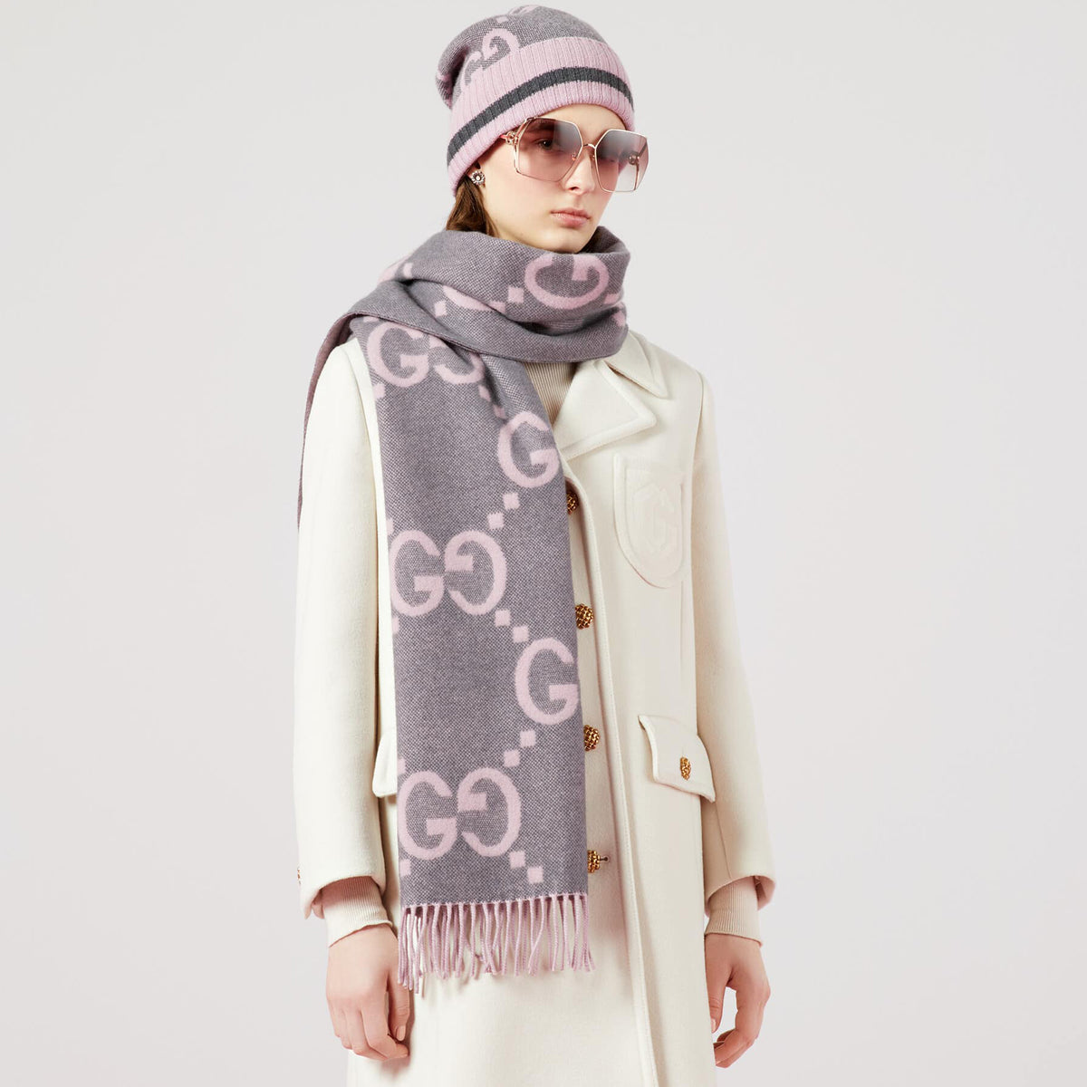Gucci GG Knit Cashmere Hat Jacquard Tassel Scarf Set Suit #97291