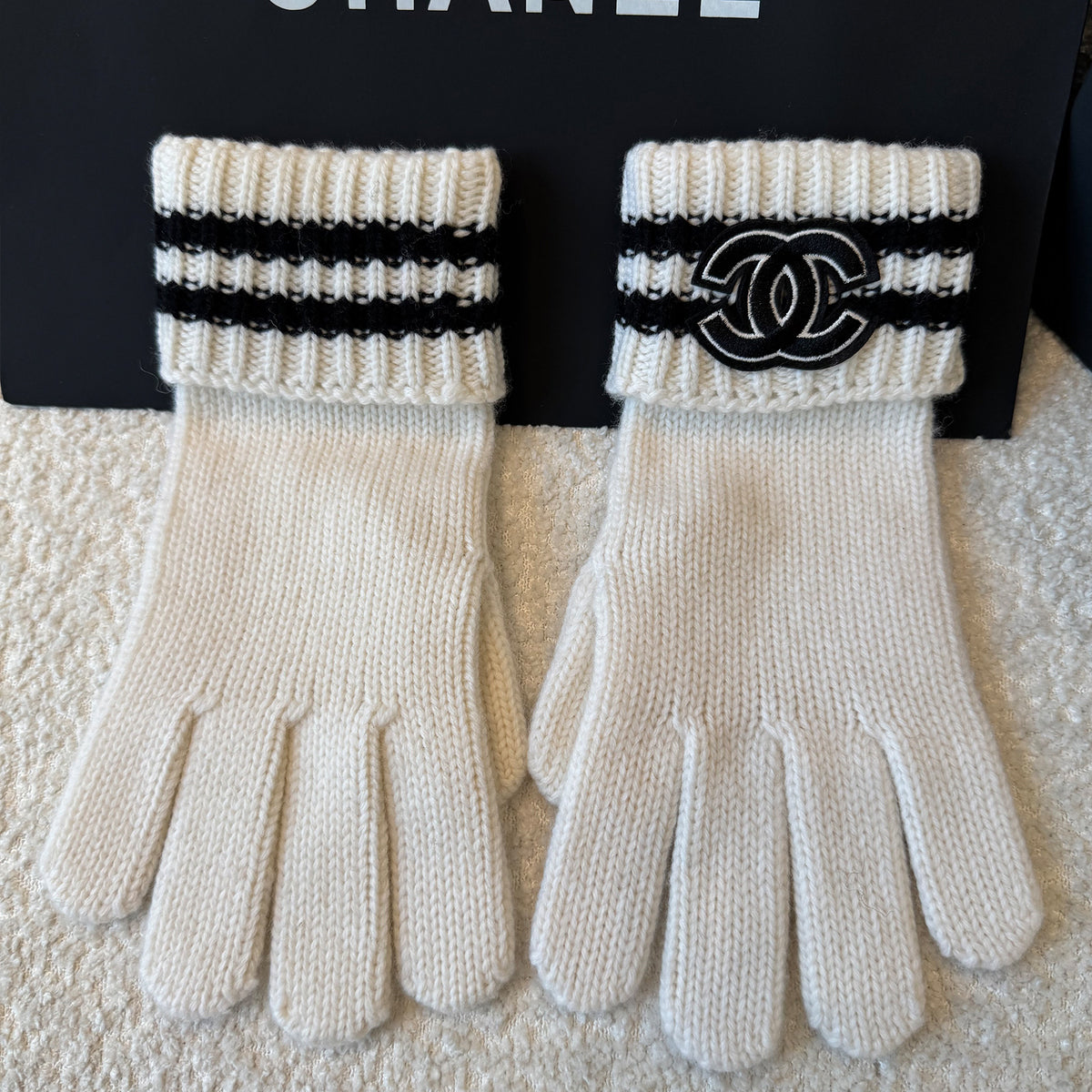 Chanel Women's Fall And Winter Black And White Gray Temperament Warm Winter Accessories Scarf Hat Gloves Fashion Trend Set #81628