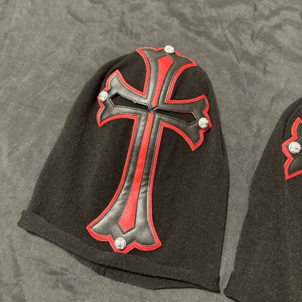 Chrome Hearts Men's Black and Red Cross Patchwork Leatherface Photo Hooded Hat Cap #72853