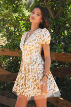 JESSICA Floral Print A Line Tulle Short-Sleeve Mini Dress