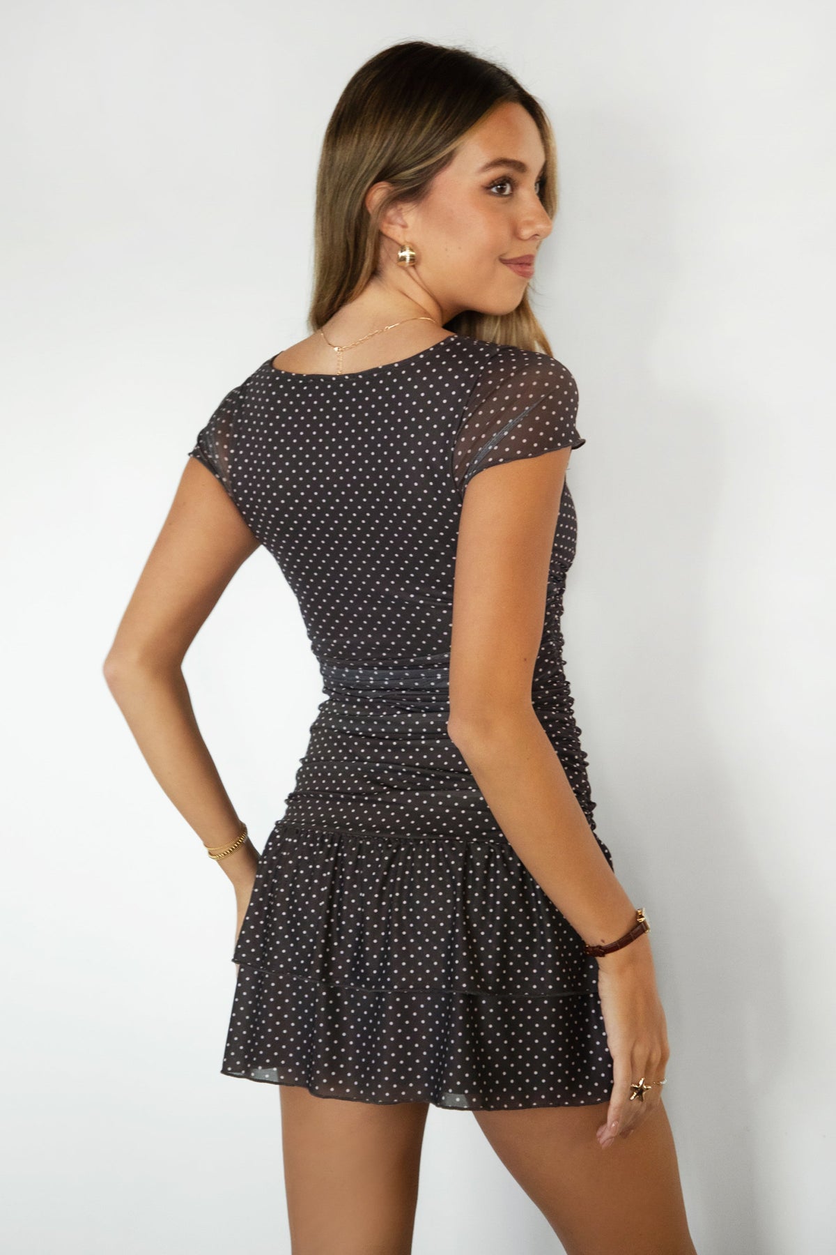 ALOURA Micro Polka Dot Deep V-Neck Mini Dress