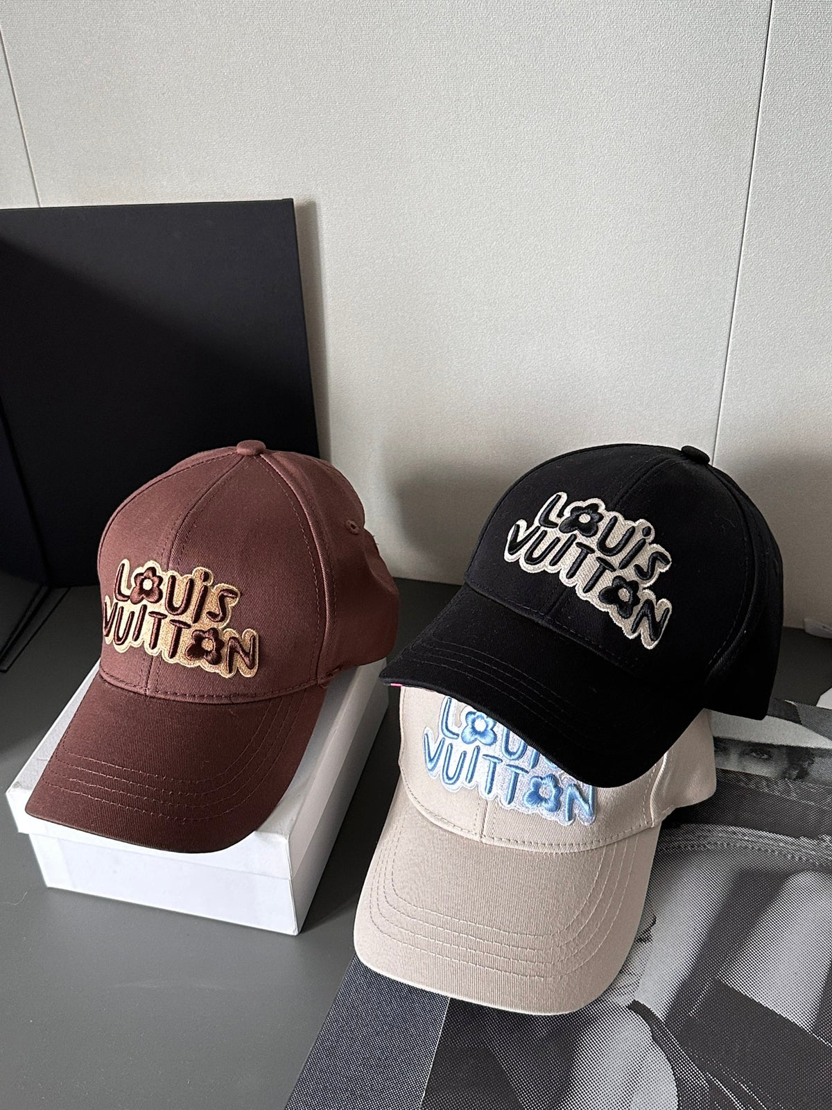 Louis Vuitton Men's and Women's Solid Colour Embroidered Letter Printed Cowboy Duck Tongue Cap Fisherman's Hat #76721