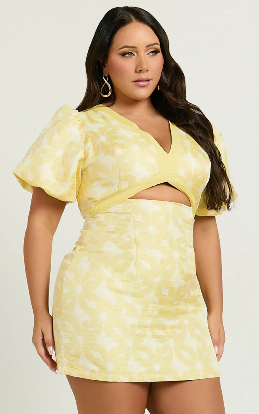 Diana Mini Dress - Jacquard Short Sleeve Cut Out Dress in Lemon