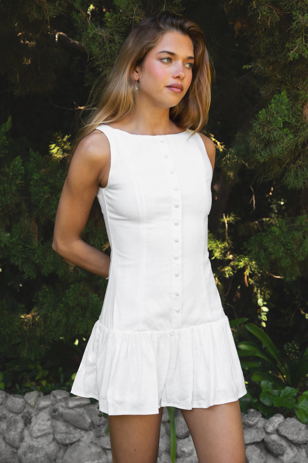 LINARA Low Drop Waist Boat Neck Mini Dress