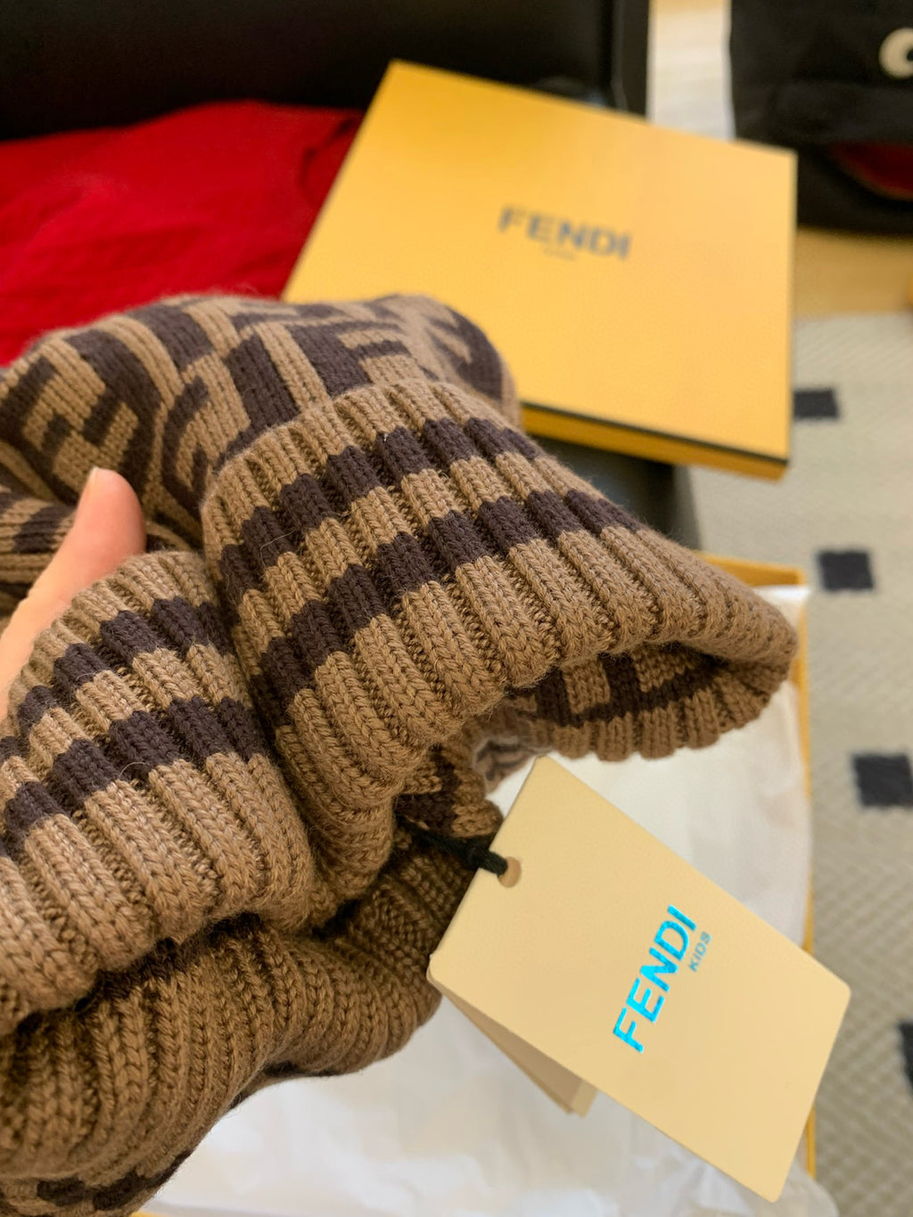 Fendi Children's Bear Ears Brown Wool Logo Knit Hat #97875