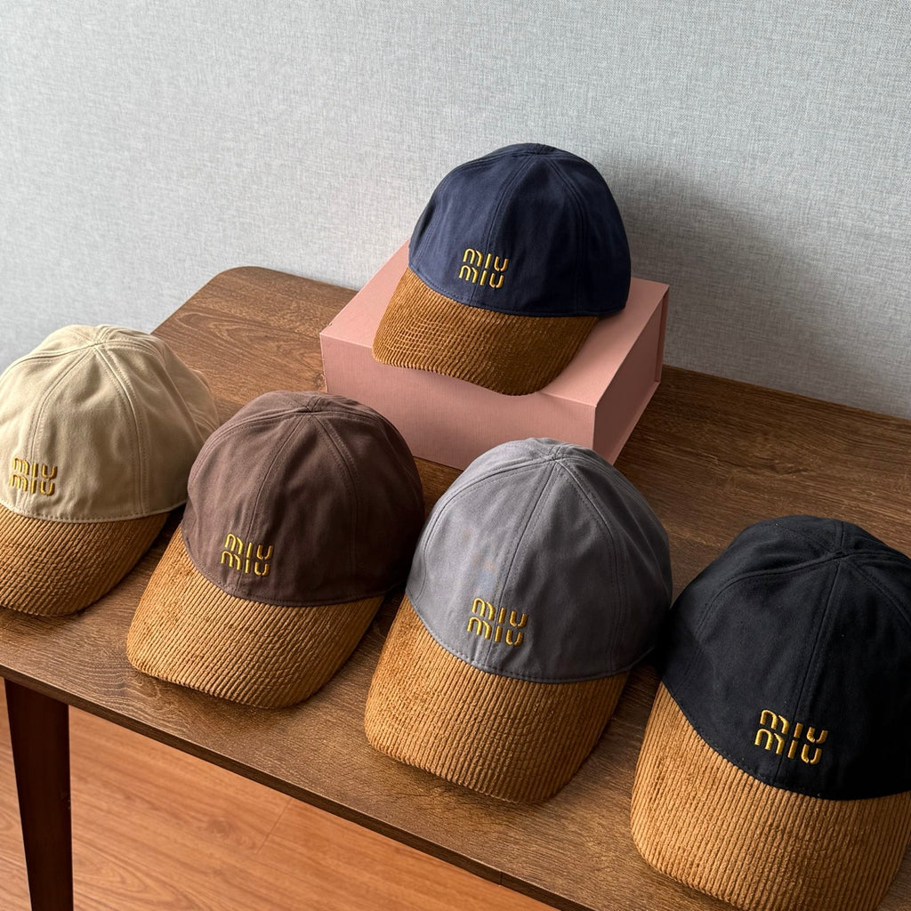 MiuMiu Men's And Women's Logo Embroidered Cotton Duckbill Cap Corduroy Two-Tone Baseball Cap Hat  Accessories #81472