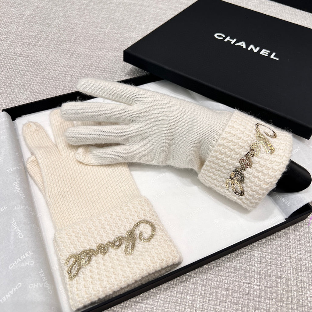 Chanel Cashmere Knit Hat Gloves Scarf #96642