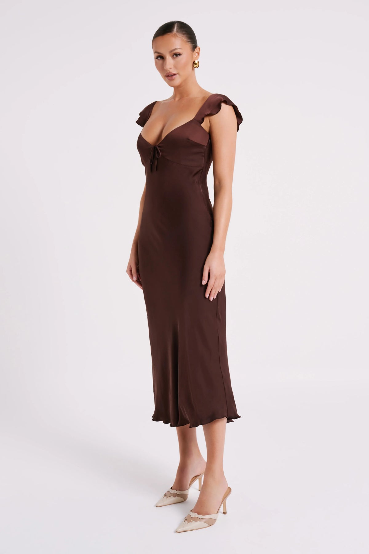 MESHKI Chantal Short Sleeve Satin Midi Dress - Dark Chocolate