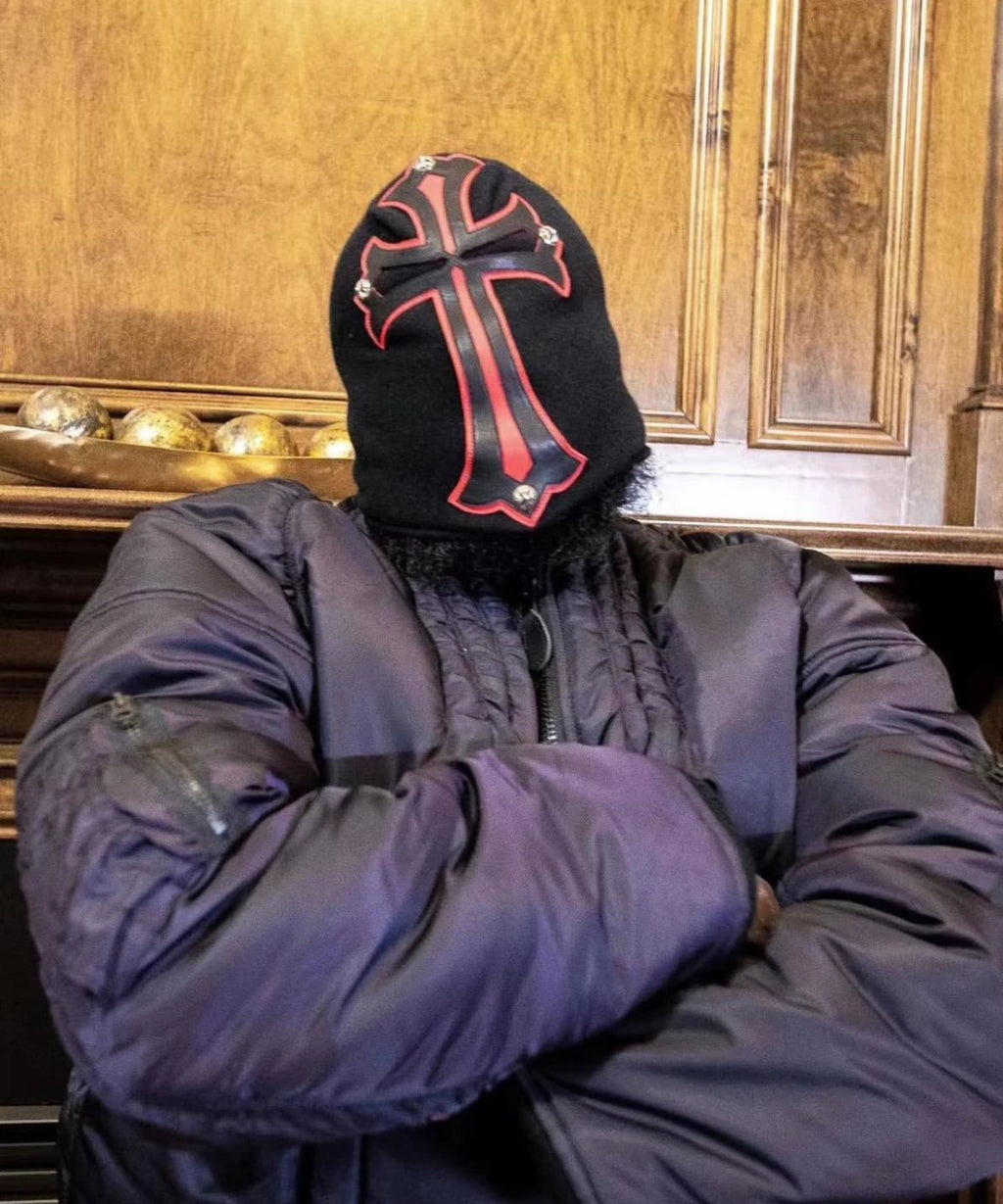 Chrome Hearts Men's Black and Red Cross Patchwork Leatherface Photo Hooded Hat Cap #72853